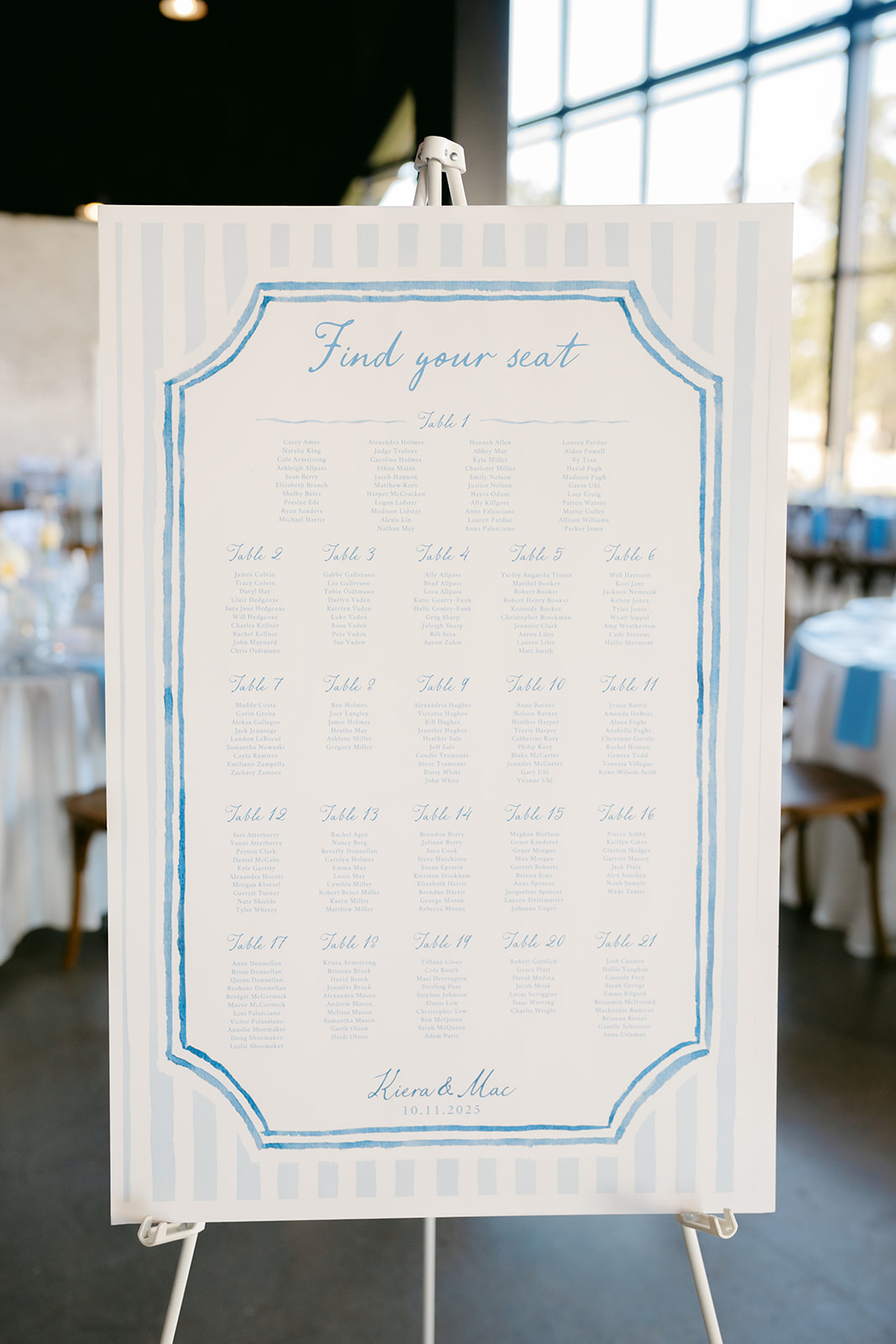 Blue and white seating chart