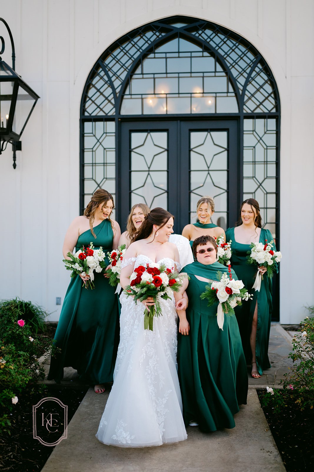 Bride and bridesmaids pose for outdoor portraits