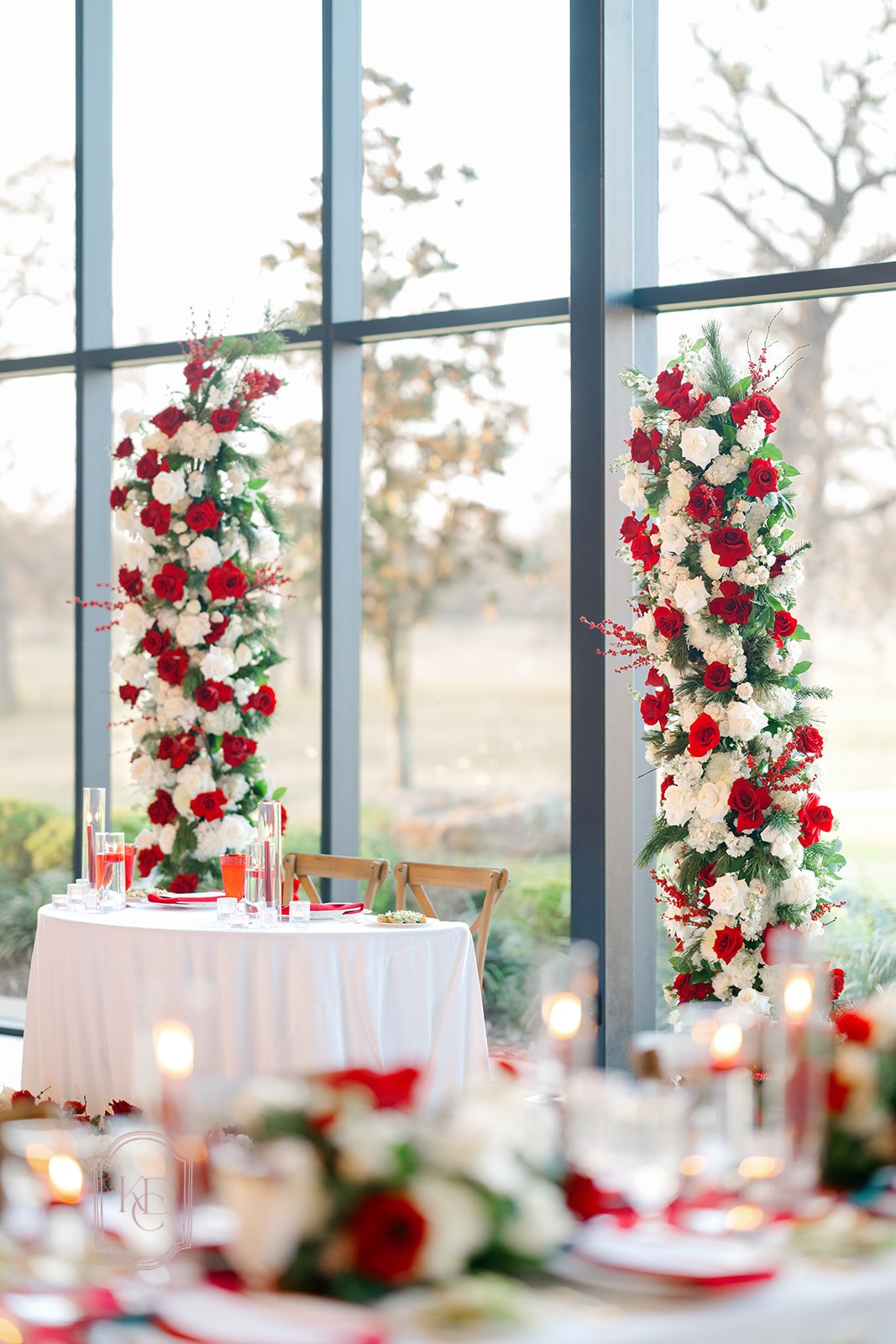 Sweetheart table at a holiday wedding reception
