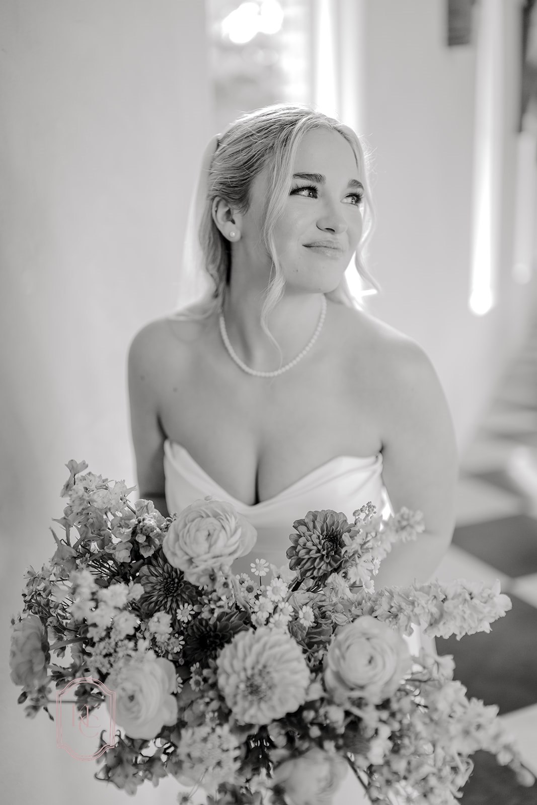 Black and white photo of bride during bridal portraits at the Weinberg at Wixon Valley
