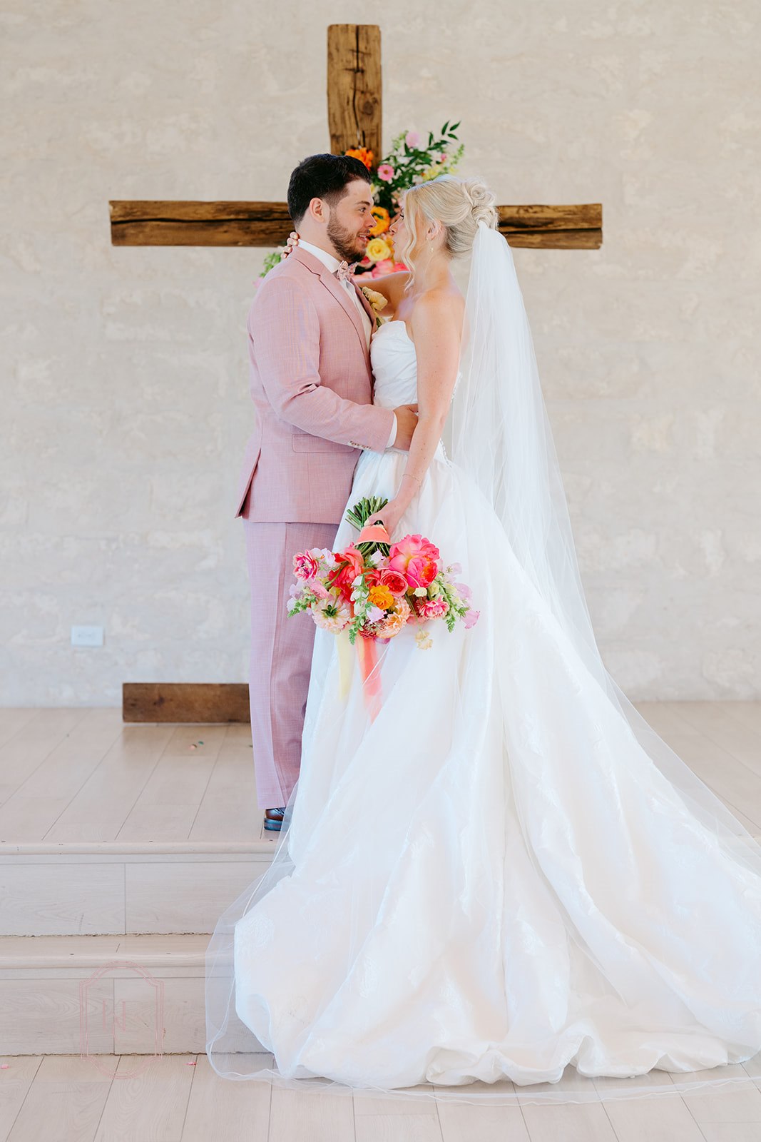 Bride and groom at the bright wedding at Camp Hosea