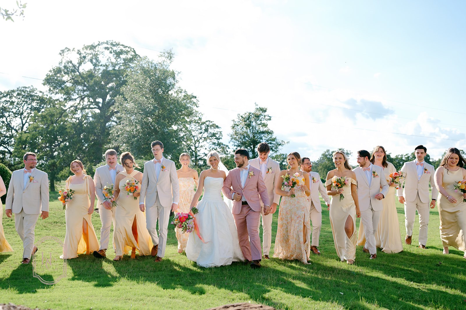 Wedding party at the bright wedding at Camp Hosea