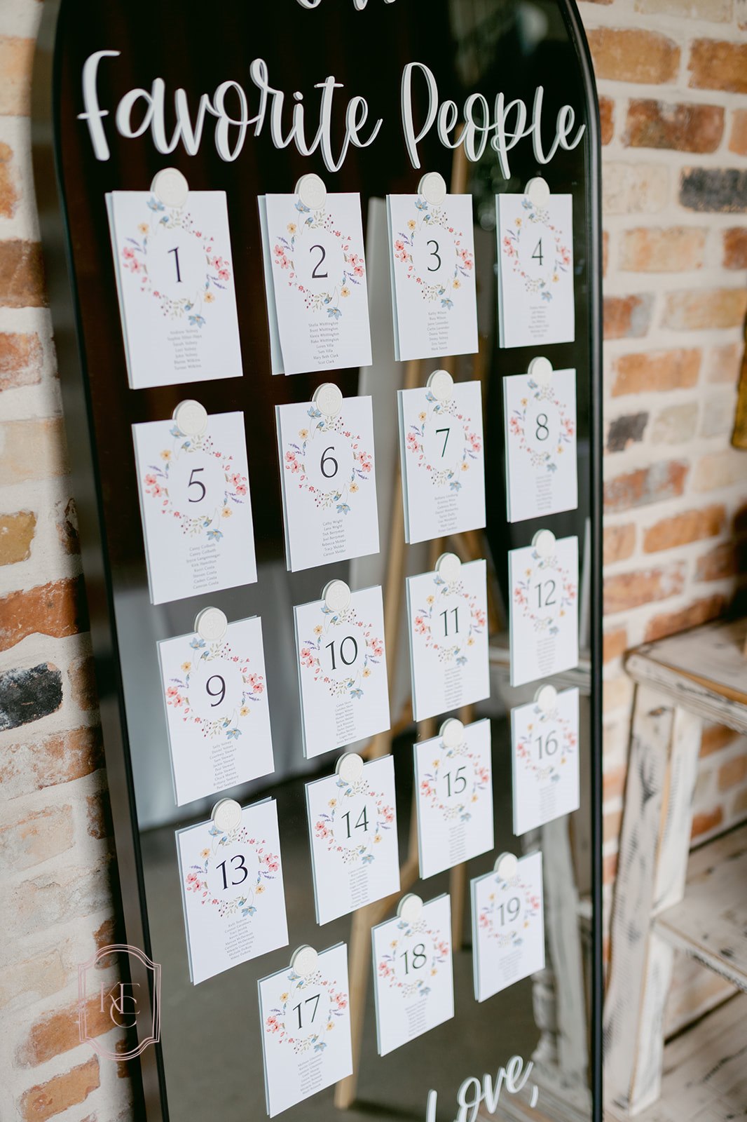 Seating chart for the colorful wedding reception