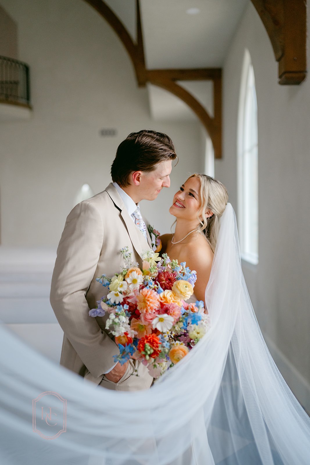 Bride and groom at their colorful wedding